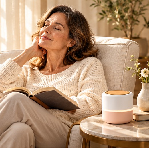 A woman reading at home beside BIU SONA
